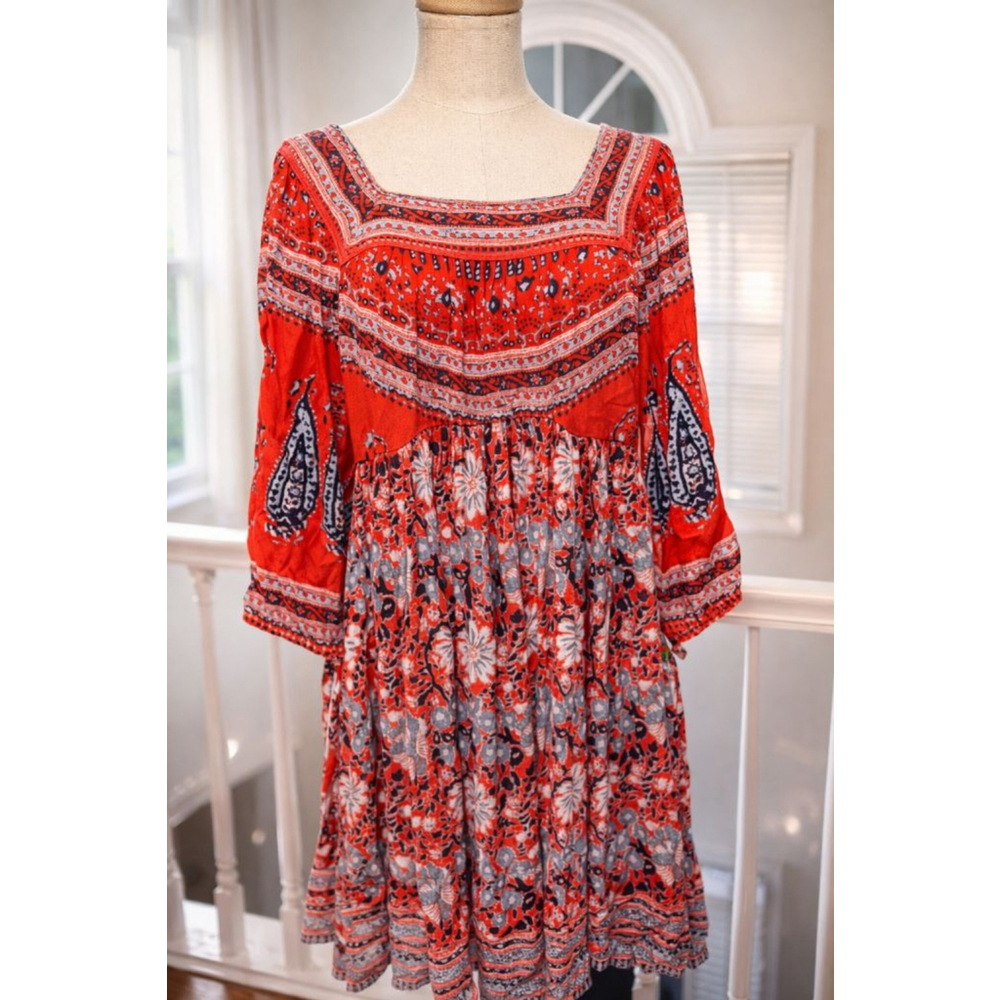 Free People Boho Mini Dress Red Floral Paisley Open Back Long Sleeve Medium